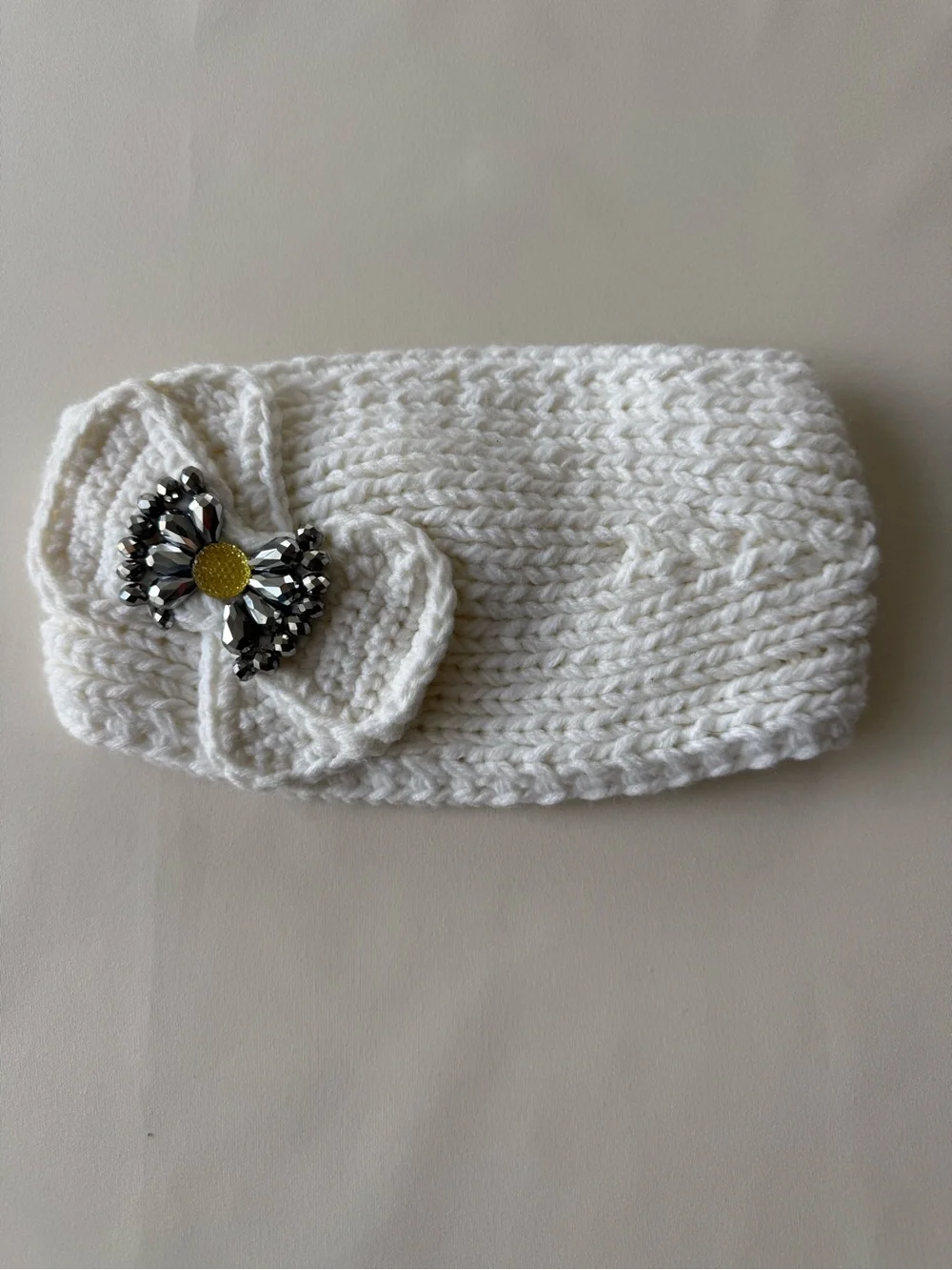 C.C White Knit Bow Headband with Beaded Accent